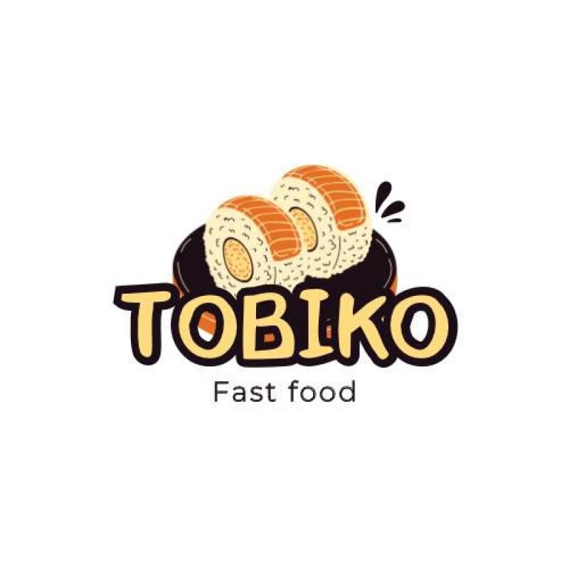 The image features a logo for "TOBIKO Fast food" with two sushi rolls on a black plate above the text.