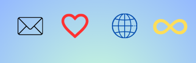The image shows four icons in a row: an envelope, a heart, a globe, and an infinity symbol, each in a different color, against a gradient blue background.