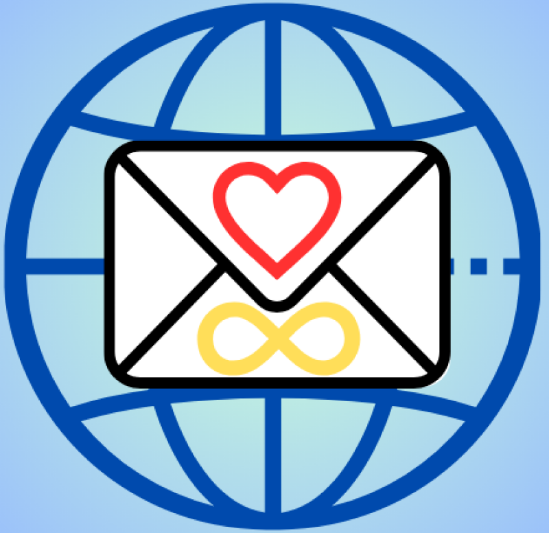 The image shows a white envelope with a red heart on top and a yellow infinity symbol below, all centered on a blue globe.
