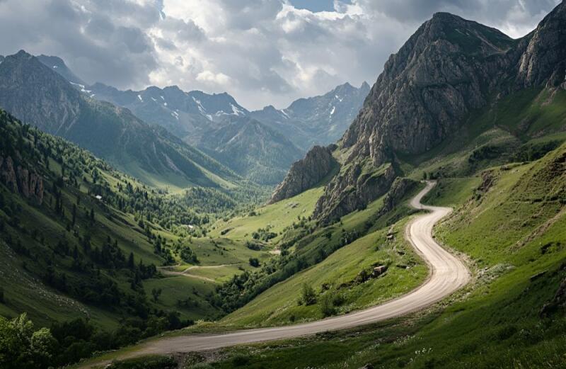 A winding road cuts through a lush green mountain valley beneath a cloudy sky.