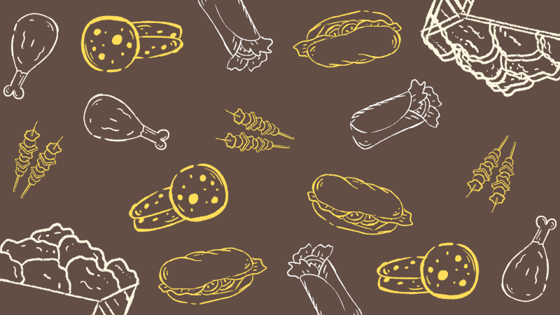 The image is a pattern of food illustrations, including fried chicken, sandwiches, shish kebabs, and sliced sausage, set against a brown background.