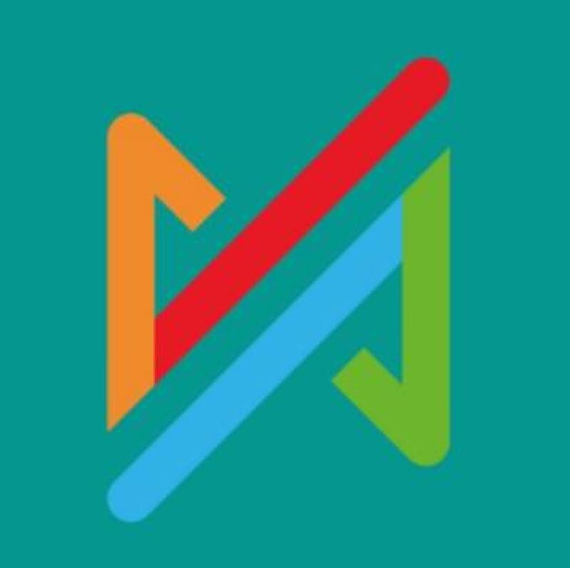 The image features a stylized design resembling the letter 'N' or a geometric shape, composed of colored angular lines against a teal background. The lines are orange, red, blue, and green, creating a vibrant and modern look.