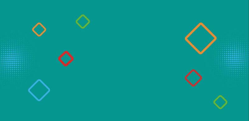 The image shows a teal background with scattered squares outlined in orange, green, red, and blue. There are also dotted light blue patterns on both sides of the background.