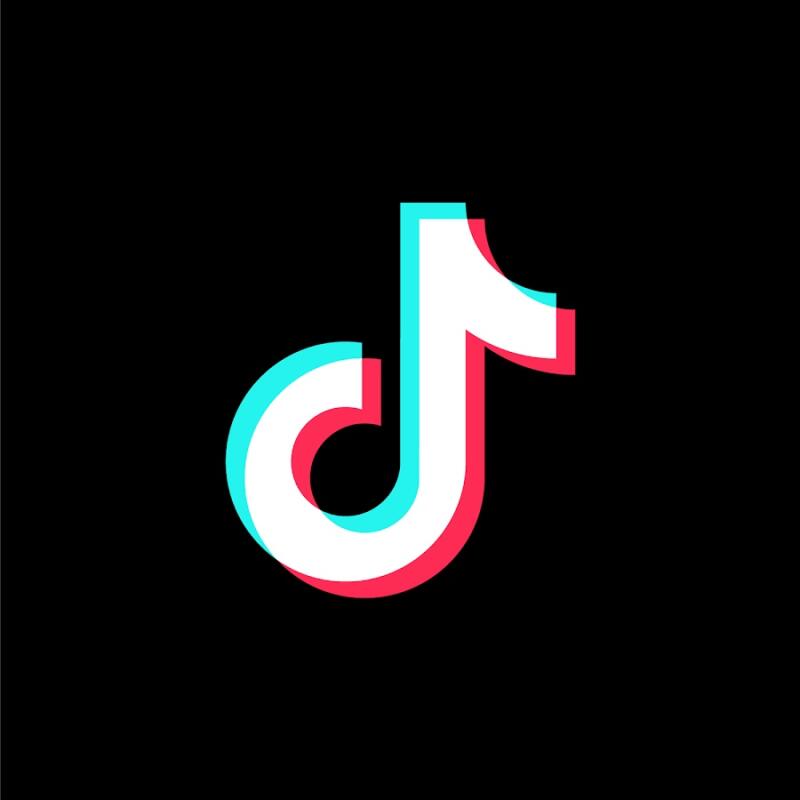 The image features the TikTok logo in white, with a red and blue offset effect on a black background.