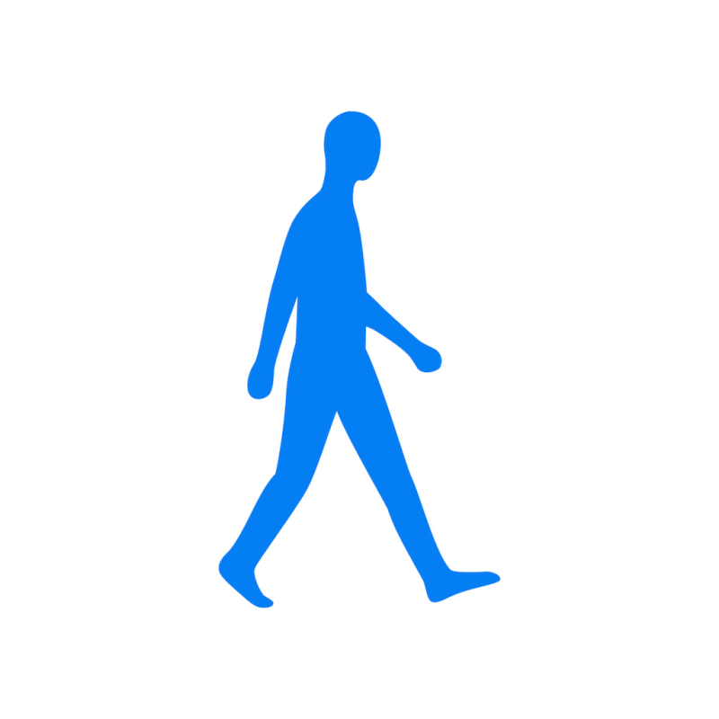 A blue silhouette of a person walking is shown against a white background.