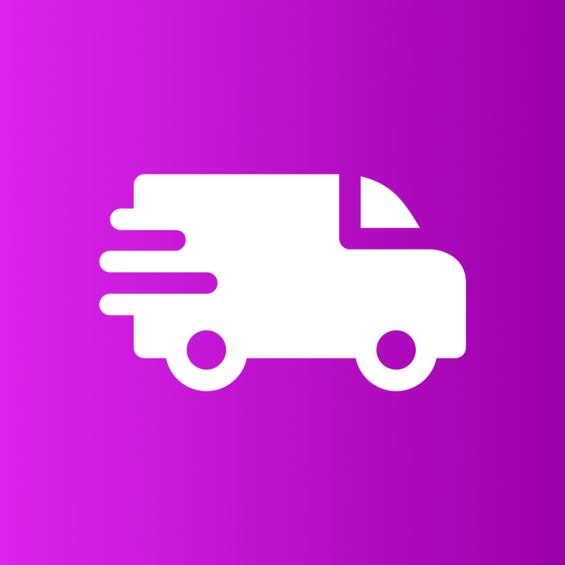 A white delivery van icon is set against a purple gradient background, with motion lines indicating speed.