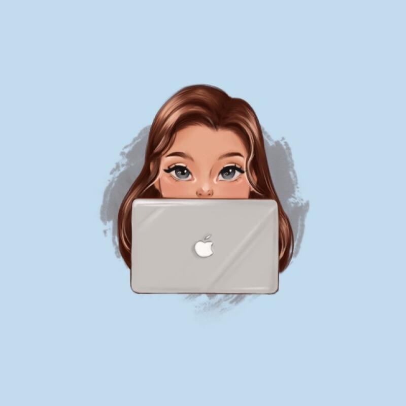 A cartoon-style image shows a woman with brown hair and eyes peeking over a silver laptop with an Apple logo.
