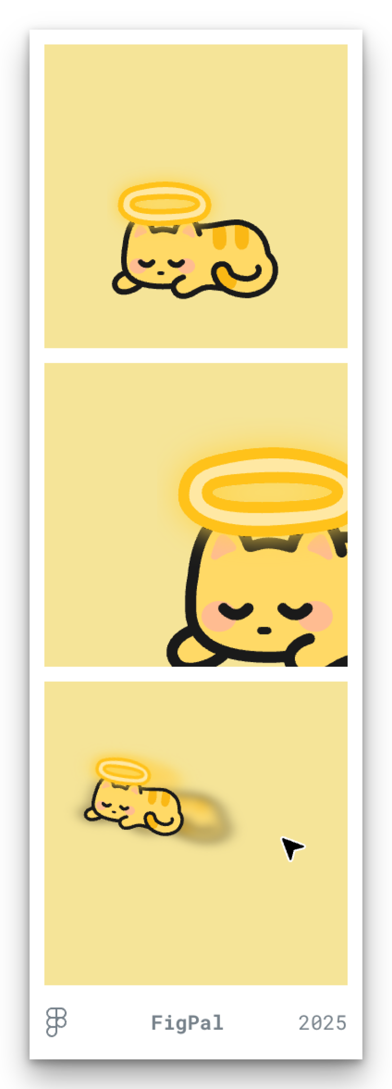 The image shows three panels featuring a cartoon cat with a halo, set against a yellow background. The bottom panel also includes a black cursor.