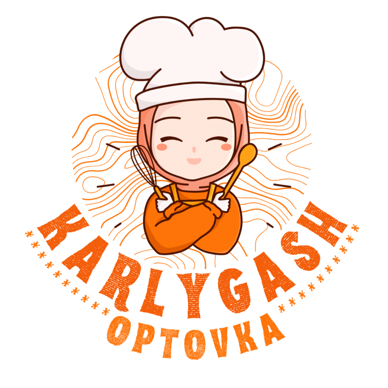 The logo features a cartoon chef in a hijab and chef's hat, holding a whisk and spoon, with the text "KARLYGASH OPTOVKA" in orange.