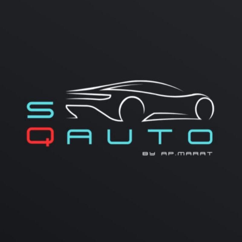 The image shows a logo for "SQ AUTO by AP.MARAT" featuring a stylized car outline above the text. "SQ" is vertically stacked with "S" in blue and "Q" in red; "AUTO" is horizontally aligned and in blue.