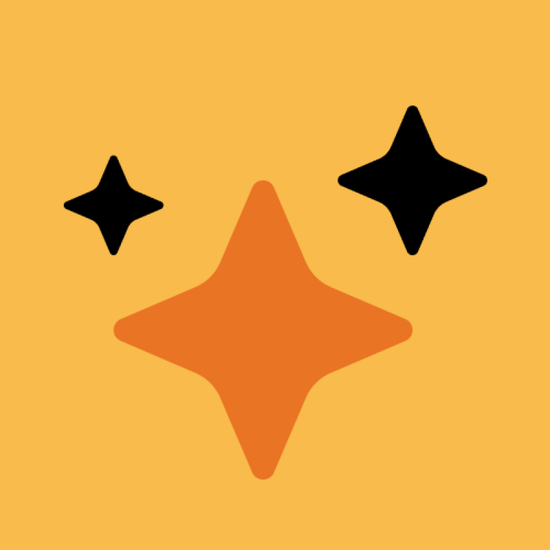 The image features an orange star at the center and two smaller black stars on the left and right sides, all against a yellow background.