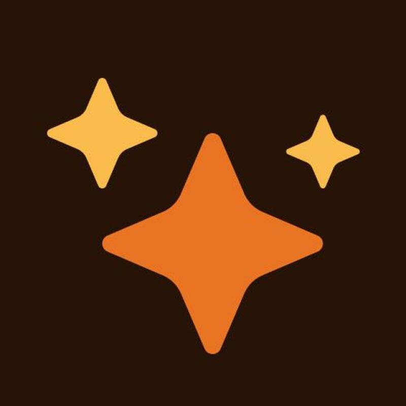 The image shows three stylized four-pointed stars, one orange and two yellow, against a dark brown background.