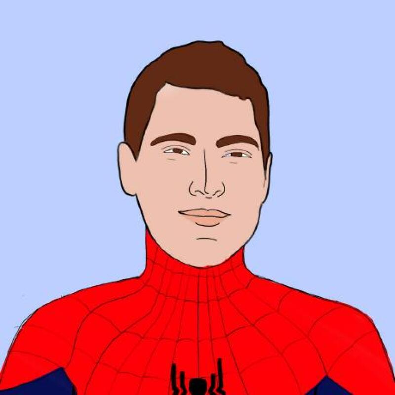 A drawing shows a light-skinned man with brown hair wearing a Spider-Man suit against a blue background.