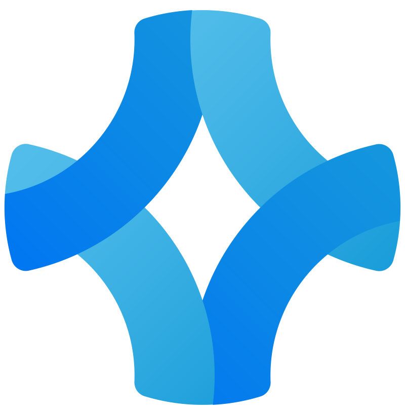 The image features an abstract design of four interconnected blue ribbons against a black background.