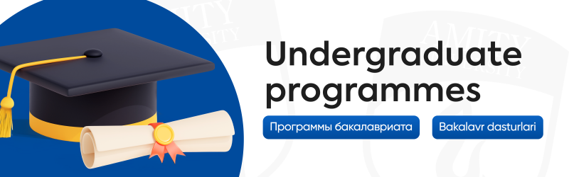 The image shows a graduation cap and diploma next to the text "Undergraduate programmes," and two buttons with the texts "Программы бакалавриата" and "Bakalavr dasturlari".