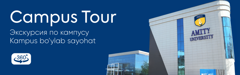 The image promotes a "Campus Tour" and features the exterior of a modern building with the "AMITY UNIVERSITY" logo.