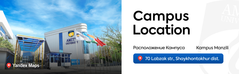 The image shows the Amity University building and its campus location; the text reads "Campus Location," "Расположение Кампуса" and "Kampus Manzili," along with the address "70 Labzak str., Shaykhontokhur dist." and the Yandex Maps logo.