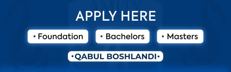 The image is a blue graphic with the white text "APPLY HERE" at the top, followed by three rounded white buttons that read "Foundation", "Bachelors", and "Masters". Underneath the three buttons is another rounded white button that reads "QABUL BOSHLANDI".