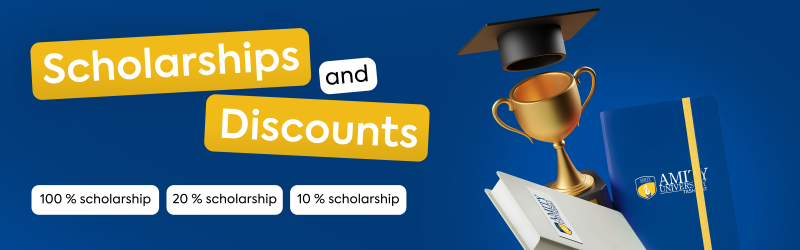 The image displays an advertisement for scholarships and discounts, featuring the text 'Scholarships and Discounts', '100 % scholarship', '20 % scholarship', and '10 % scholarship', along with a graduation cap, a trophy, and books.