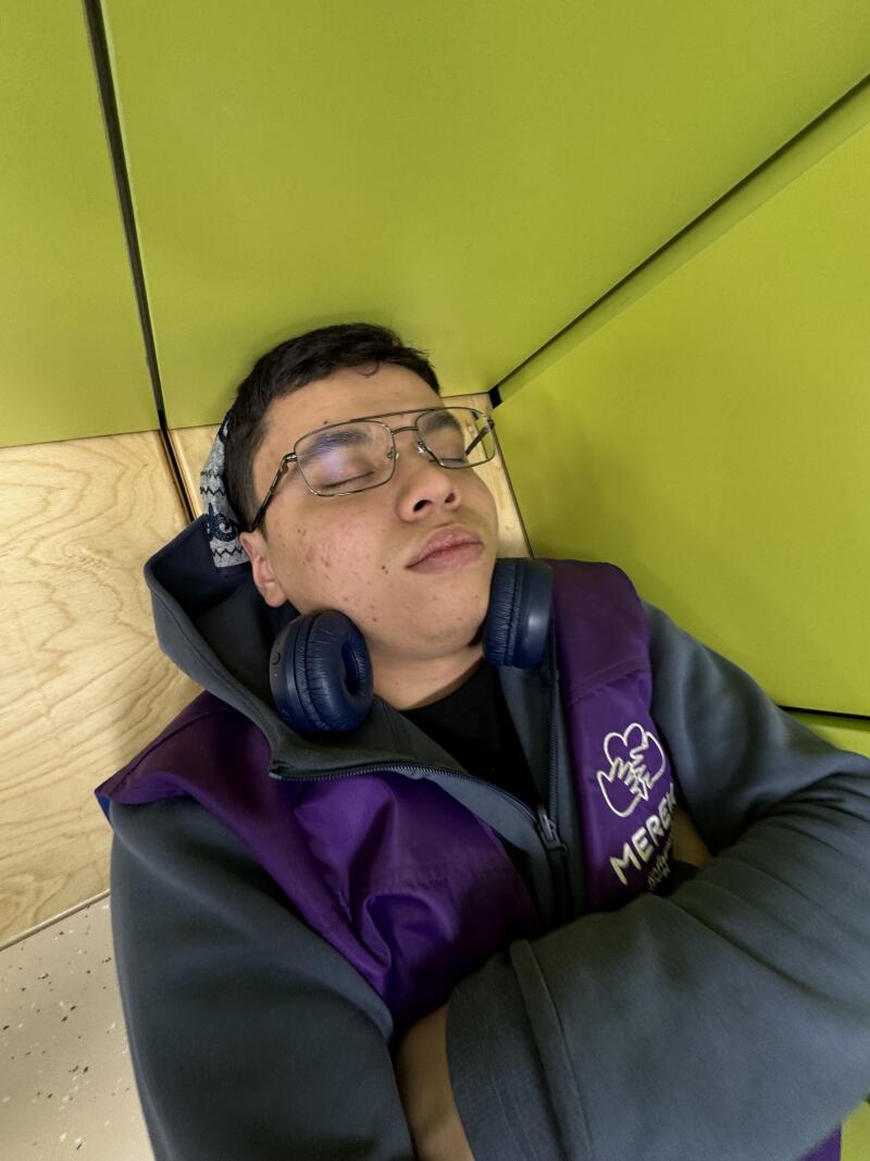 A person with glasses and headphones is sleeping with their arms crossed, wearing a grey hoodie and purple vest with the word "MEREK" on it.