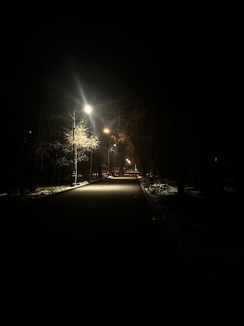 A night view of a park pathway illuminated by street lights, with snow visible on the sides.