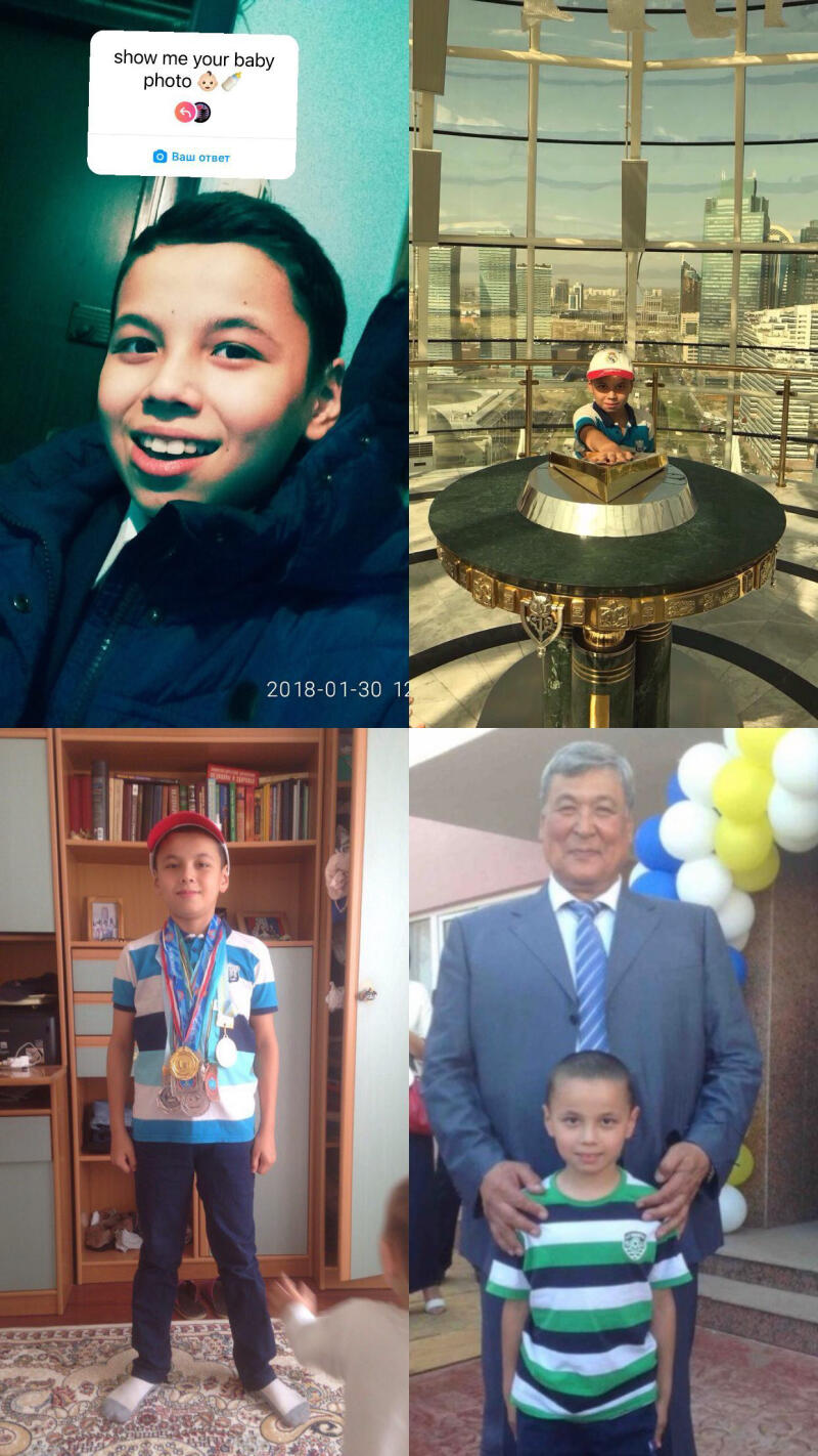 The photo collage depicts a person in various stages of life: a selfie with the text 'show me your baby photo,' a child in front of a city view, a child with medals in front of a bookcase, and a child with an older man in front of balloons.