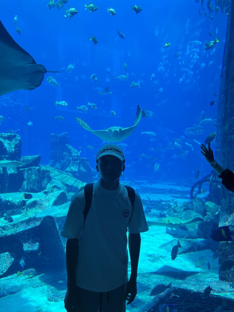 A person stands in front of a large aquarium with stingrays, fish, and rock formations, wearing a white T-shirt and a cap with the text "LEGENDS".