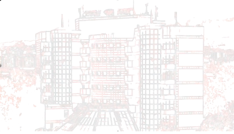 На изображении представлен выцветший рисунок в стиле линейного искусства многоэтажного здания с коробчатым дизайном.