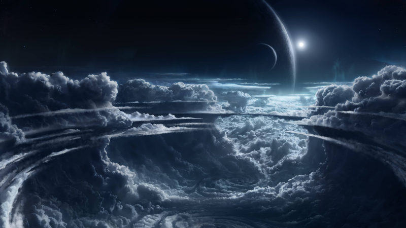 The image shows a landscape with swirling clouds, a crescent moon, a planet, and a bright star in the dark sky.