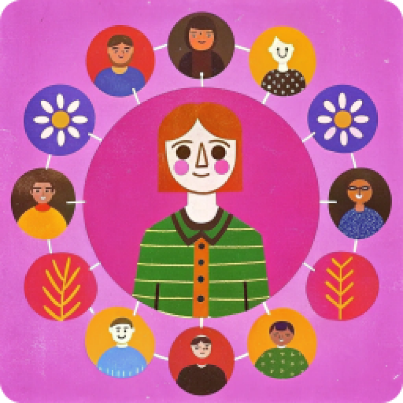 The image shows a person with orange hair and a green-striped shirt in the center, surrounded by a circle of people, flowers, and leaves on a pink background.