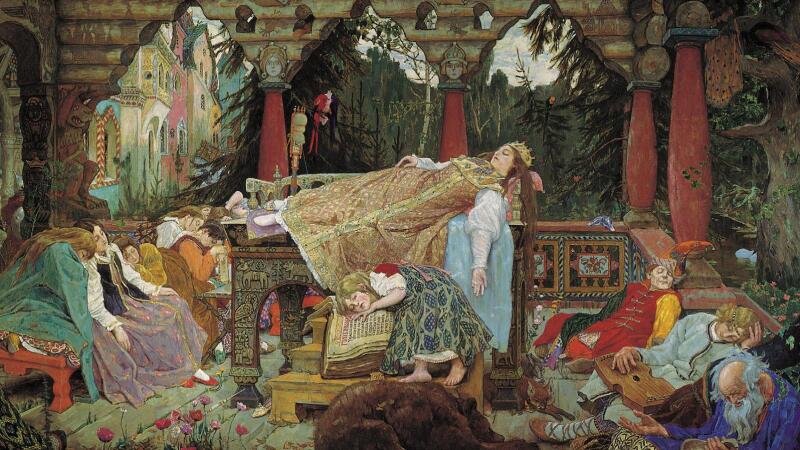 The painting depicts a sleeping princess on a bed, surrounded by other sleeping figures in an ornate, forested setting.