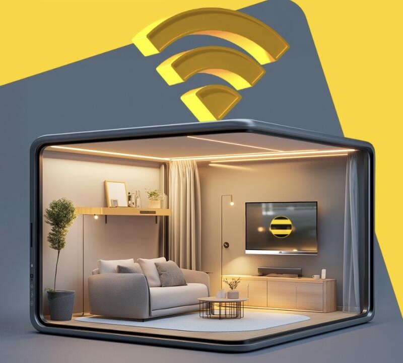 A 3D rendering shows a living room inside a cube with a Wi-Fi symbol above, featuring a couch, TV, and various decorative items.