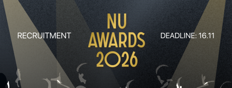 The image shows an advertisement for the 'NU Awards 2026' with the text 'RECRUITMENT' and a deadline of '16.11'. The design features spotlights and silhouettes of people.