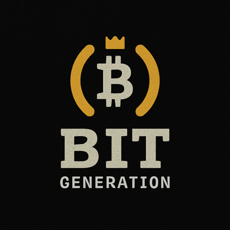 The image features the text "BIT GENERATION" below a stylized Bitcoin logo with a crown on top, all in a textured, vintage style against a black background.