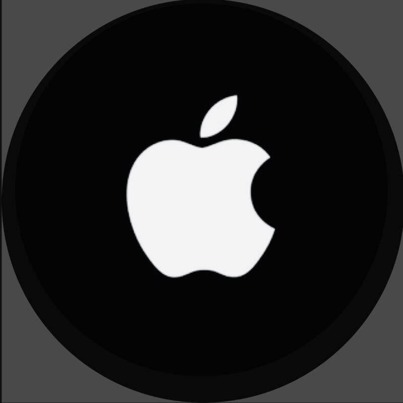 A white Apple logo is centered on a black circular background.