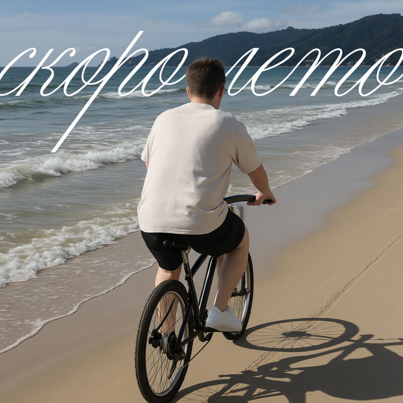 A person is riding a bicycle on a beach with the text "скоро лето" overlaid on the image.
