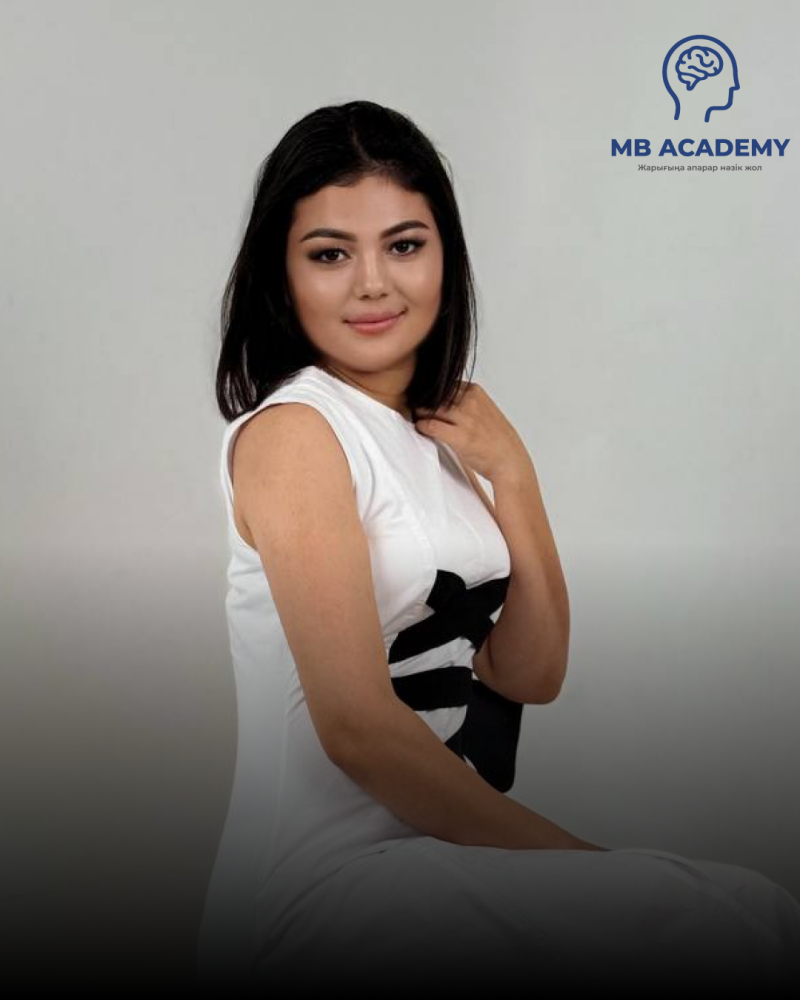 A woman in a white dress is posing, with the 'MB ACADEMY' logo visible in the top right corner.
