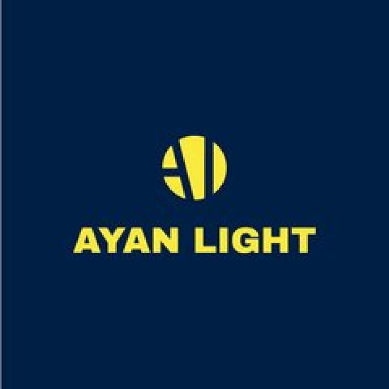 The image features a logo with a yellow emblem resembling the letters 'AL' inside a circle, above the text 'AYAN LIGHT' in yellow, all set against a dark blue background.