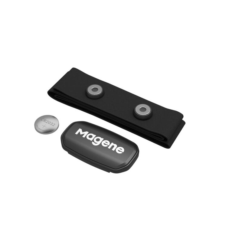 A black heart rate monitor strap with two snap buttons, a black Magene heart rate sensor pod, and a silver CR2032 coin cell battery are displayed on a white background.