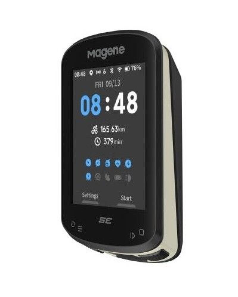 A black and beige Magene cycling computer displays the time 08:48, date FRI 09/13, distance 165.63km, duration 379min, and a 76% battery level, with "Settings" and "Start" buttons visible.