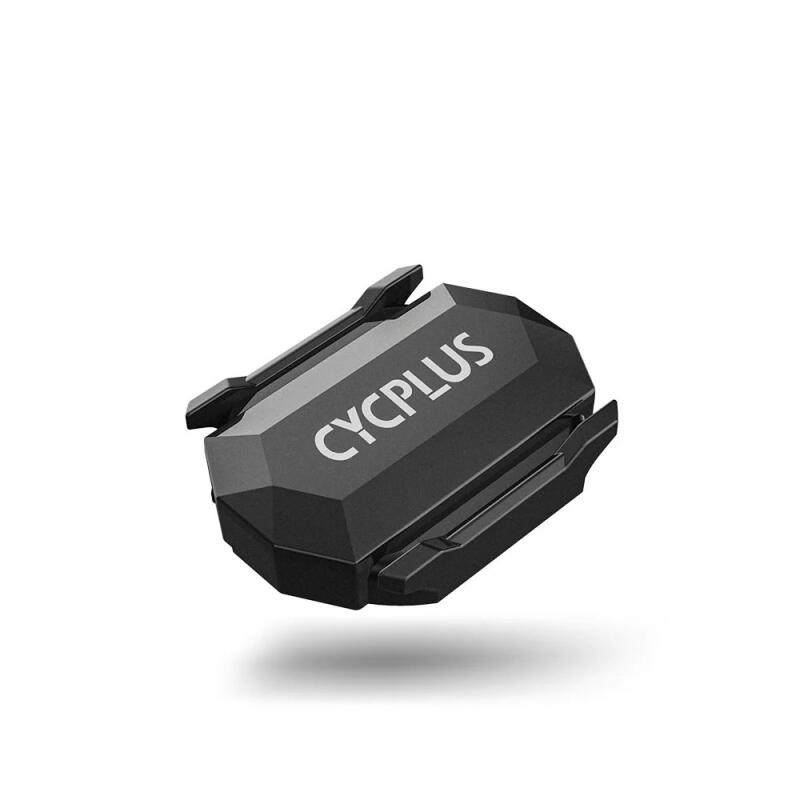A black, hexagonal-shaped cycling sensor with the word "CYCPLUS" printed in white on its top surface.