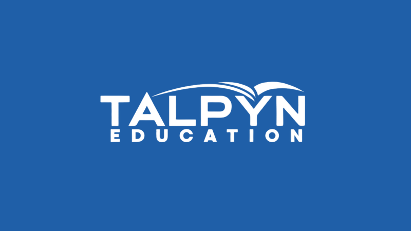 The image shows the logo for "TALPYN EDUCATION" in white against a blue background, with a stylized book graphic above the word "TALPYN".