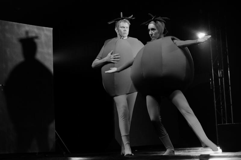 На чёрно-белом сценическом фото изображены два исполнителя в круглых костюмах с головными уборами, один с рукой на груди, а другой с вытянутой рукой.