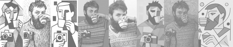 The grayscale image shows a series of portraits of a bearded man drinking from a mug and holding a camera, alternating between realistic photos and geometric interpretations.