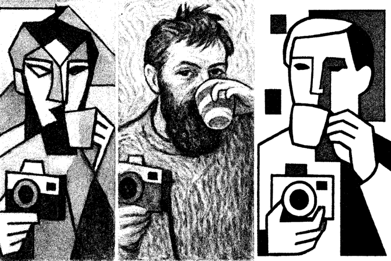 The artwork consists of three stylized portraits of men holding cameras and drinking from cups, each rendered in a distinct artistic style.