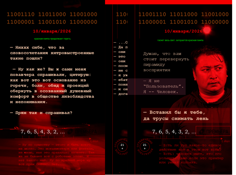 На изображении представлен двоичный код и текст на русском языке, выполненные в красной цветовой гамме. Включает фразы, такие как «10/января/2026», отрывки диалогов и слова «ПРЕМЬЕРА», «ОГРАНИЧЕН» и «21+». Видно лицо мужчины, освещенное красным светом.
