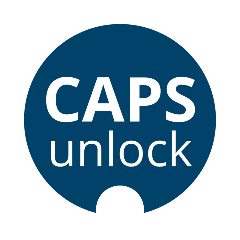 A blue circle contains the white text "CAPS unlock".