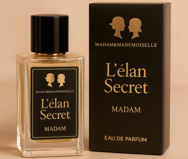 A perfume bottle and its packaging box are displayed side by side, both featuring a black and gold color scheme and the text "MADAM&MADEMOISELLE L'élan Secret MADAM EAU DE PARFUM".