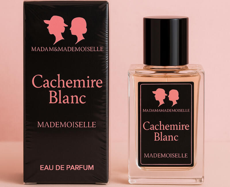 A perfume bottle and its packaging are displayed, both labeled "MADAM&MADEMOISELLE Cachemire Blanc MADEMOISELLE EAU DE PARFUM", with a pink silhouette logo of two women's profiles.