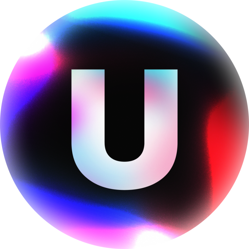 The image features a large, stylized letter 'U' centered within a circular frame with a black background and a blurred, gradient-like effect around the edges, blending colors such as blue, pink, and red.